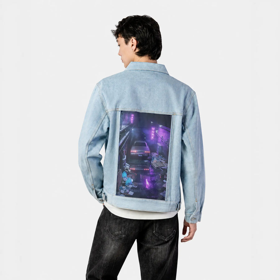 alleycat patch on male og denim jacket in oceanside