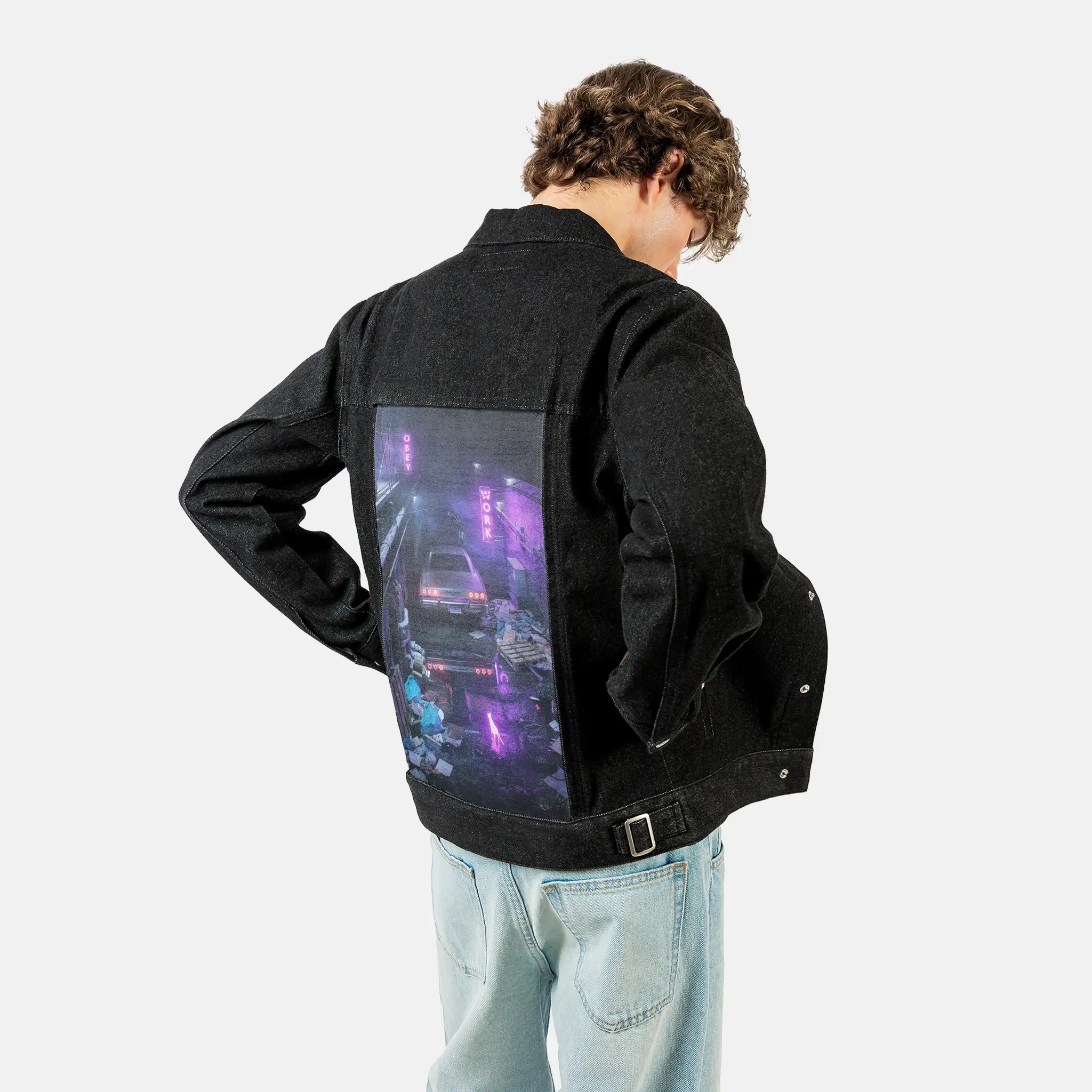 alleycat patch on male og denim jacket in raven