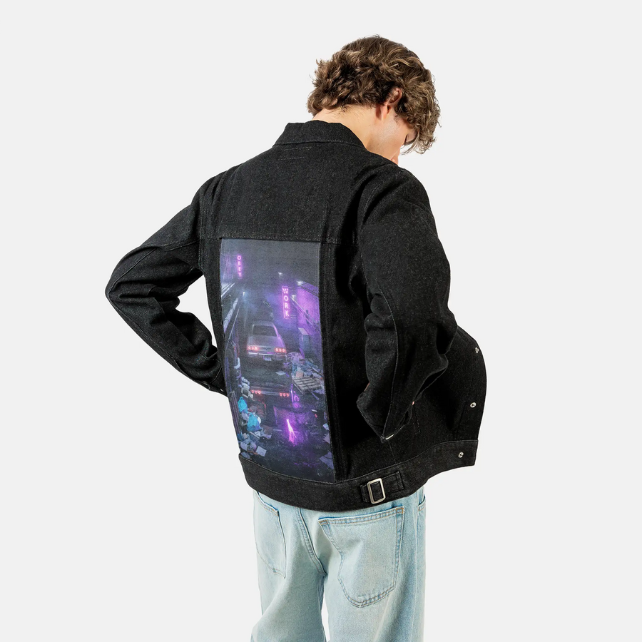 alleycat patch on male og denim jacket in raven
