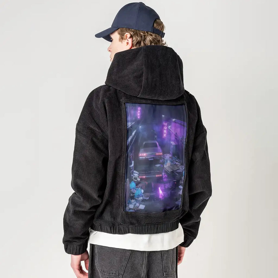 alleycat patch on male retro cord hoodie in onyx