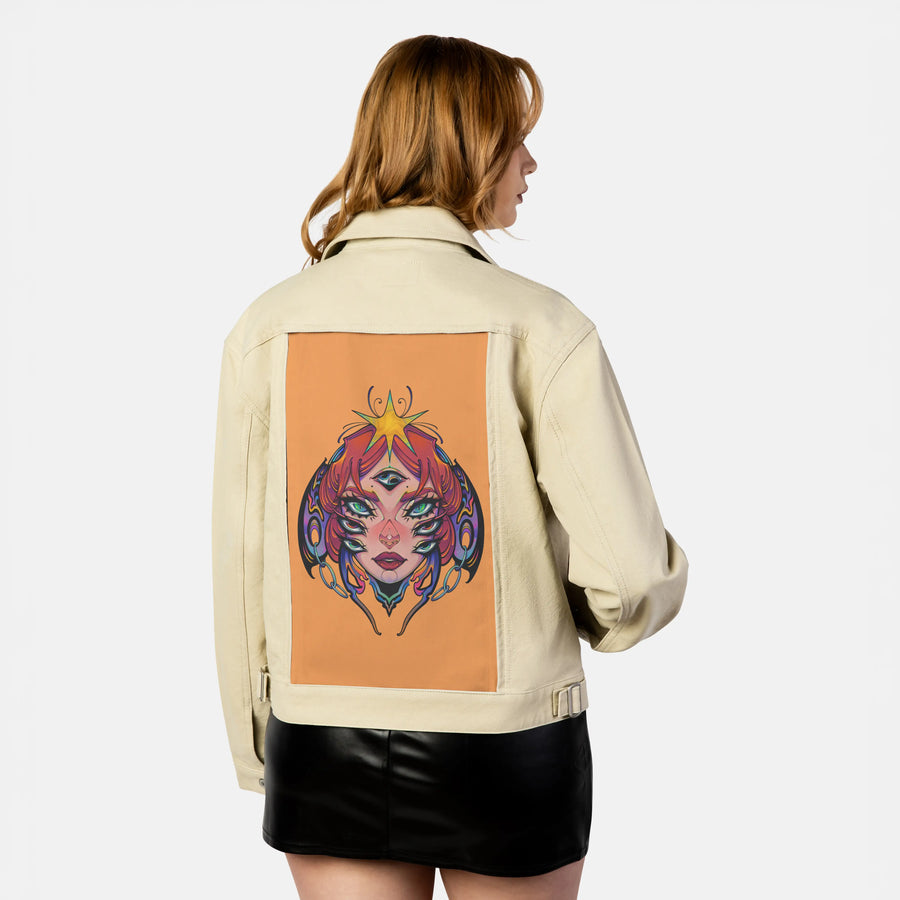 alleyesonme patch on female atelier canvas jacket in tan