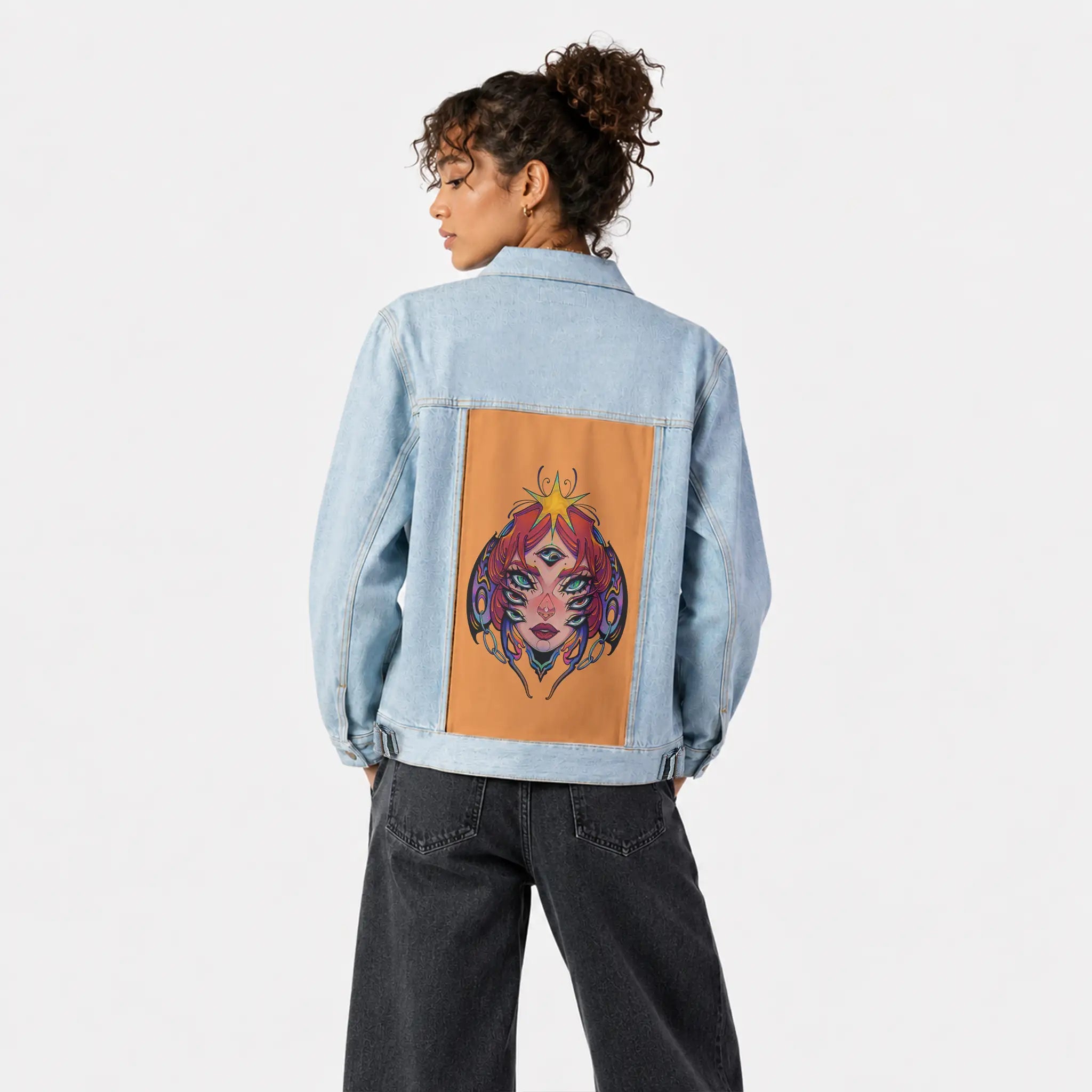 alleyesonme patch on female og denim jacket in oceanside