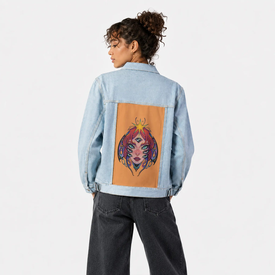 alleyesonme patch on female og denim jacket in oceanside