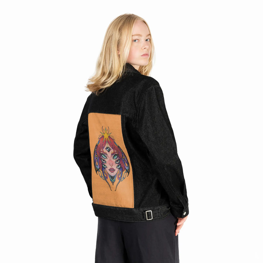 alleyesonme patch on female og denim jacket in raven
