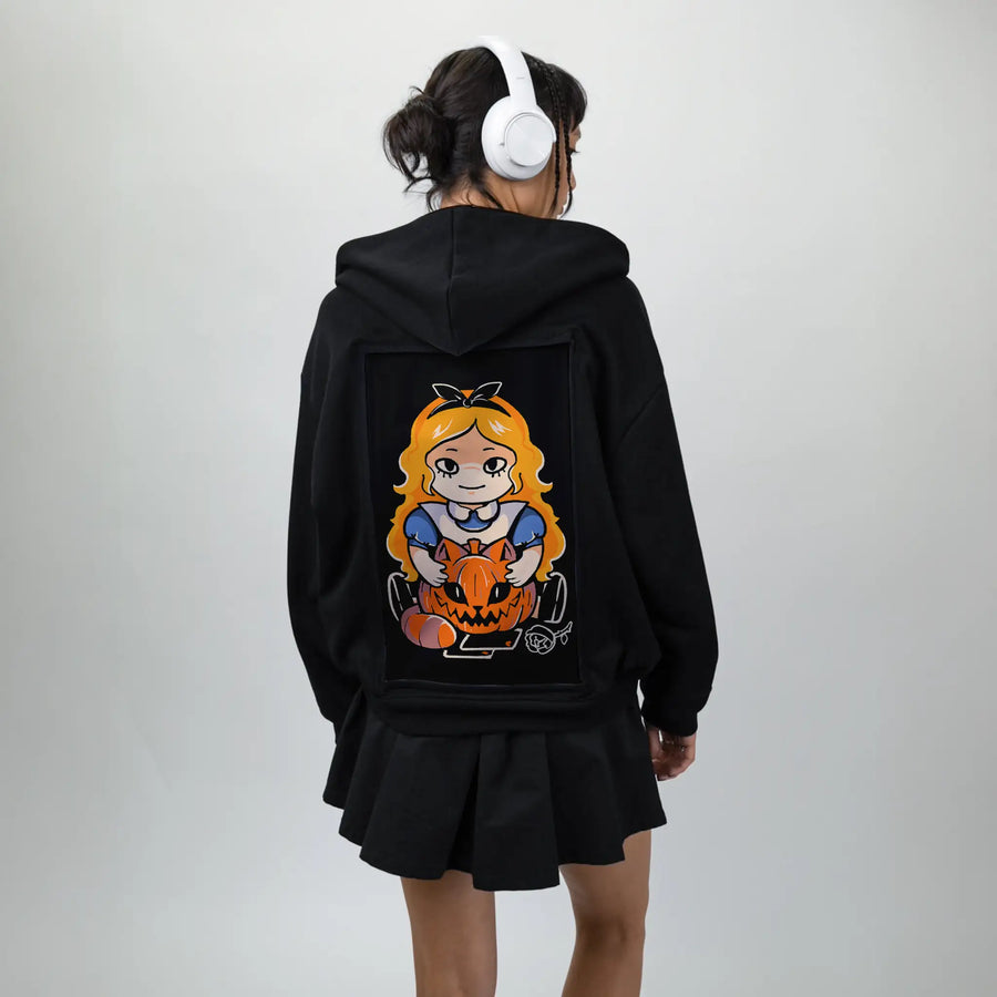 alltrickyhere patch on female essential zip hoodie in after hours