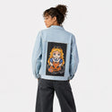 alltrickyhere patch on female og denim jacket in oceanside