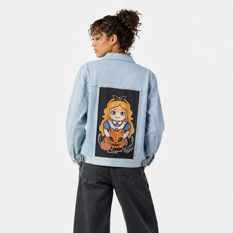 alltrickyhere patch on female og denim jacket in oceanside