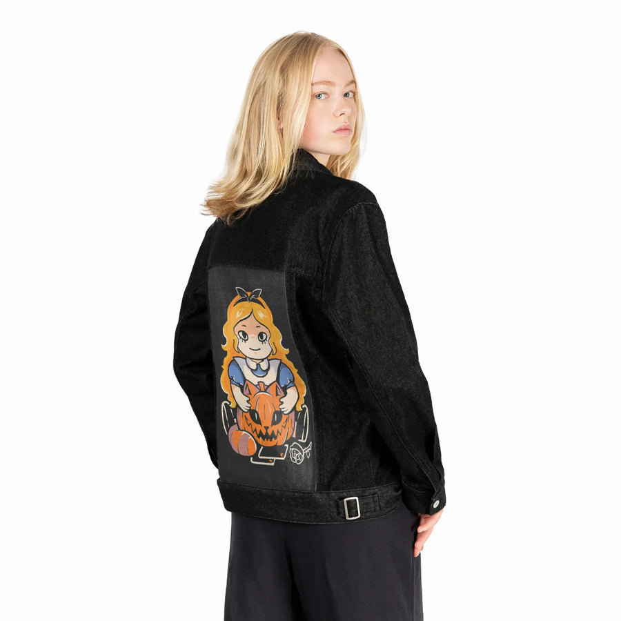 alltrickyhere patch on female og denim jacket in raven