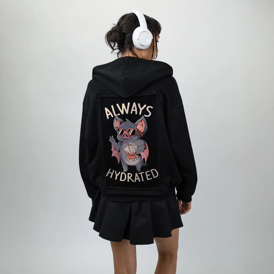 alwayshydrated patch on female essential zip hoodie in after hours