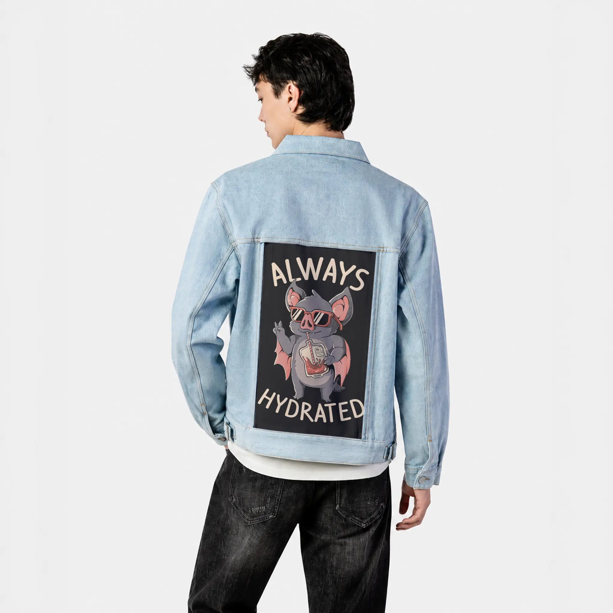 alwayshydrated patch on male og denim jacket in oceanside