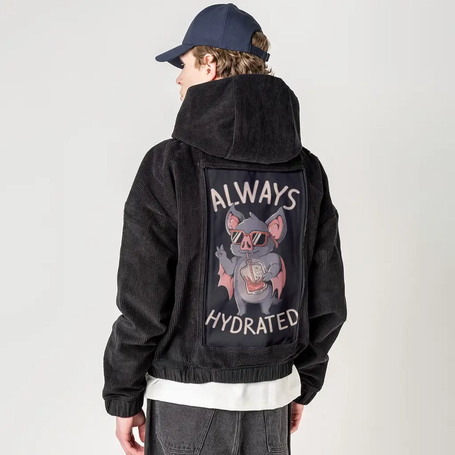 alwayshydrated patch on male retro cord hoodie in onyx