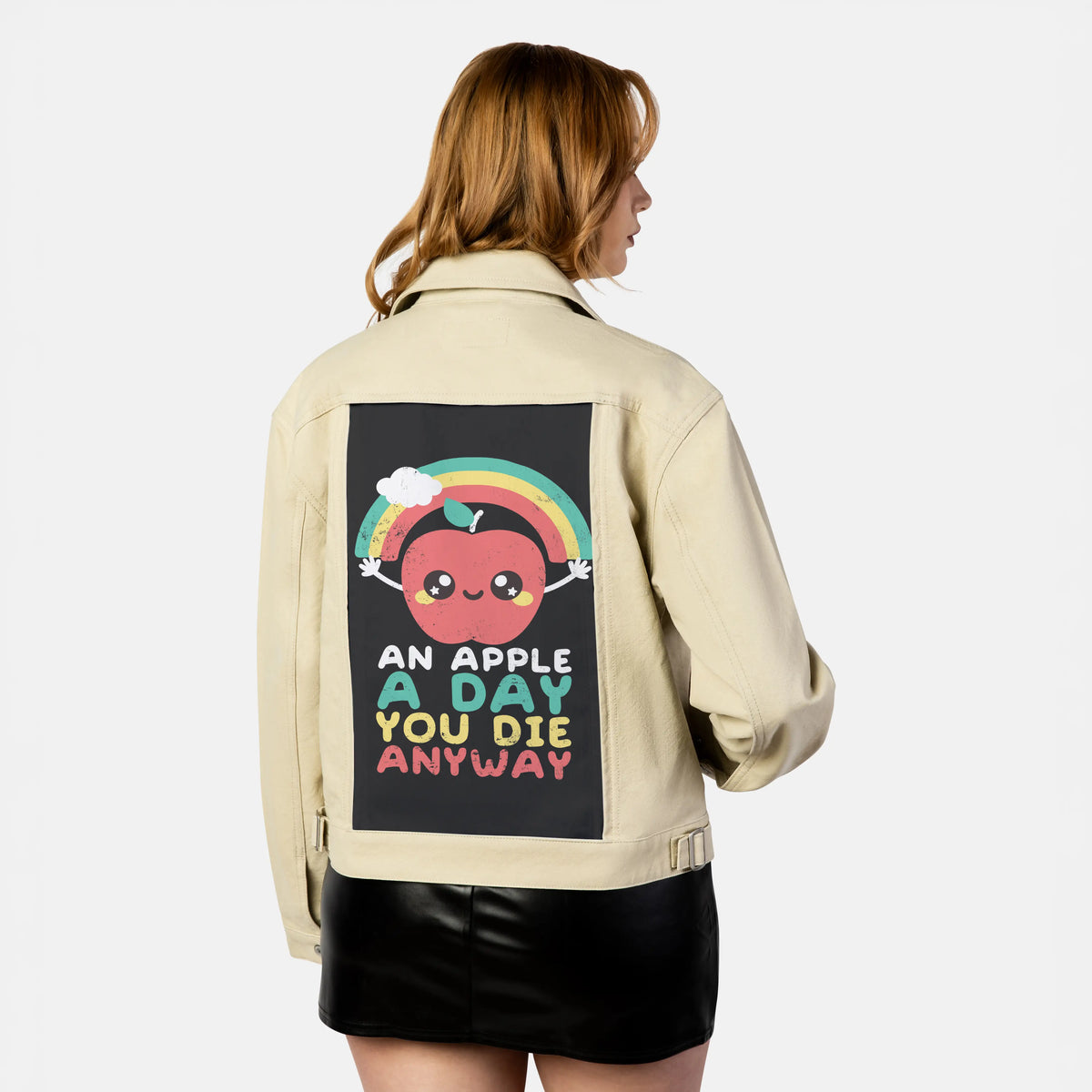 anappleaday patch on female atelier canvas jacket in tan