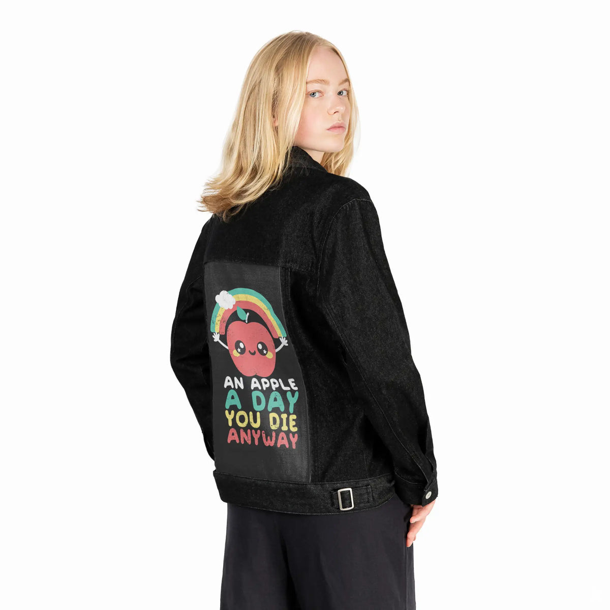 anappleaday patch on female og denim jacket in raven