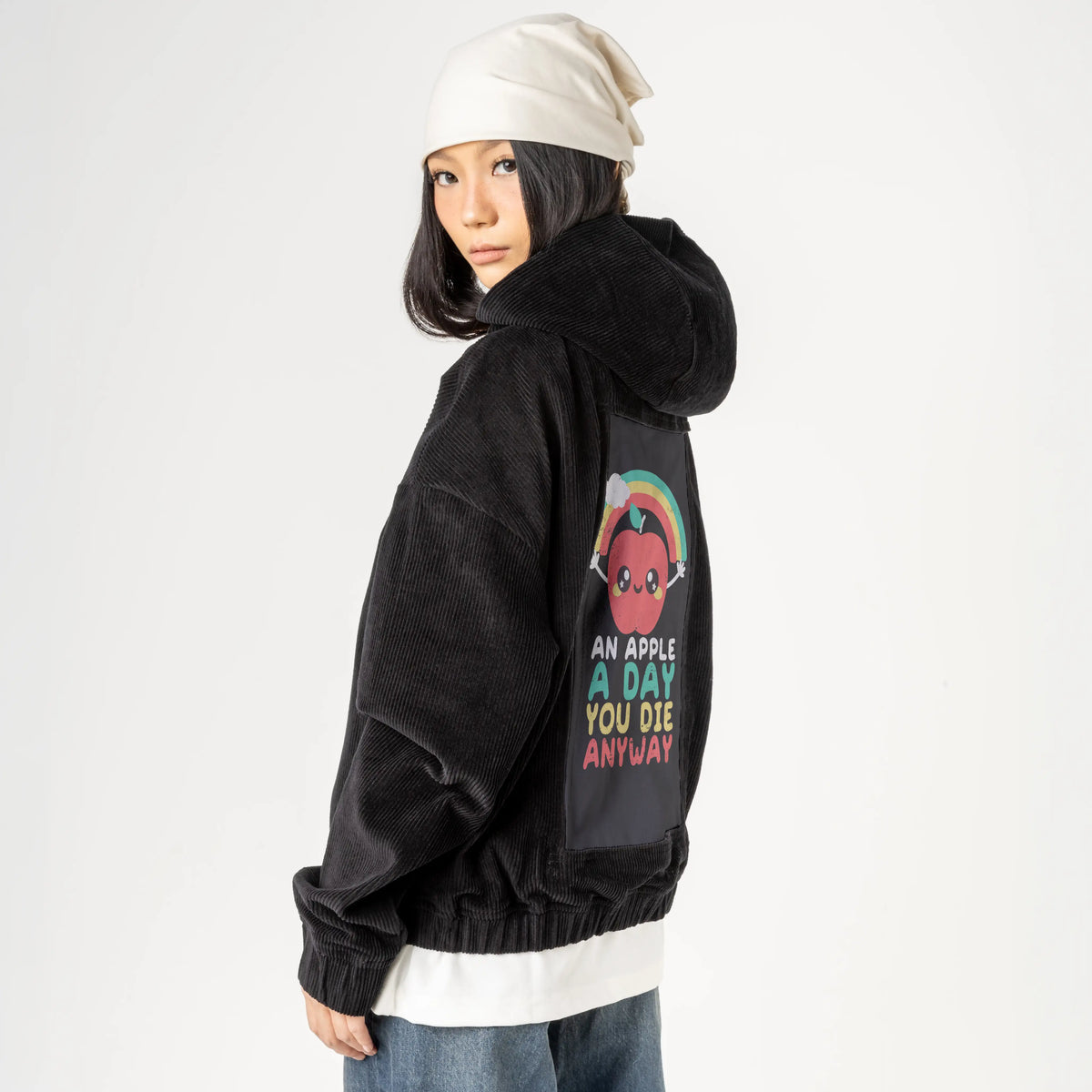 anappleaday patch on female retro cord hoodie in onyx