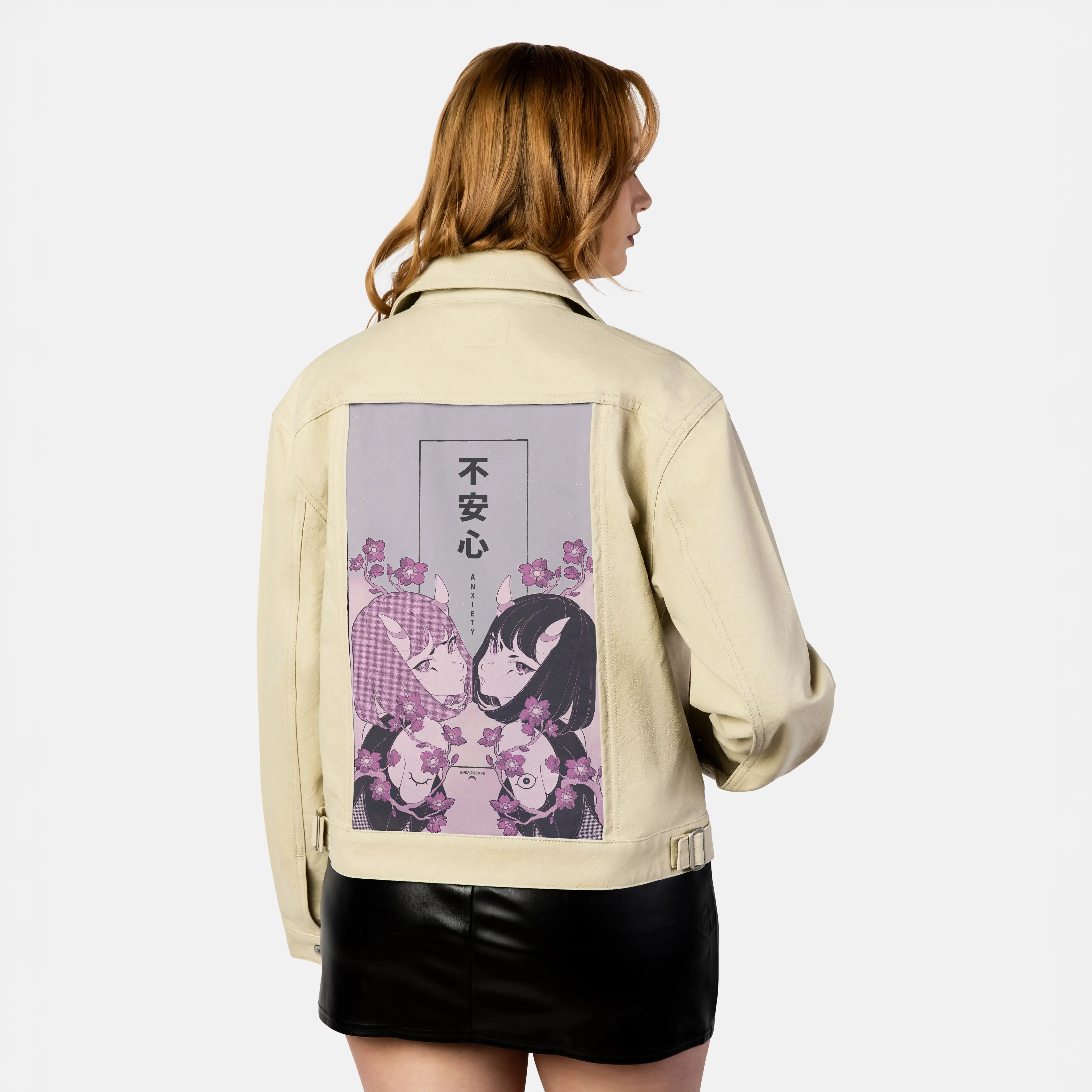 anxiety patch on female atelier canvas jacket in tan