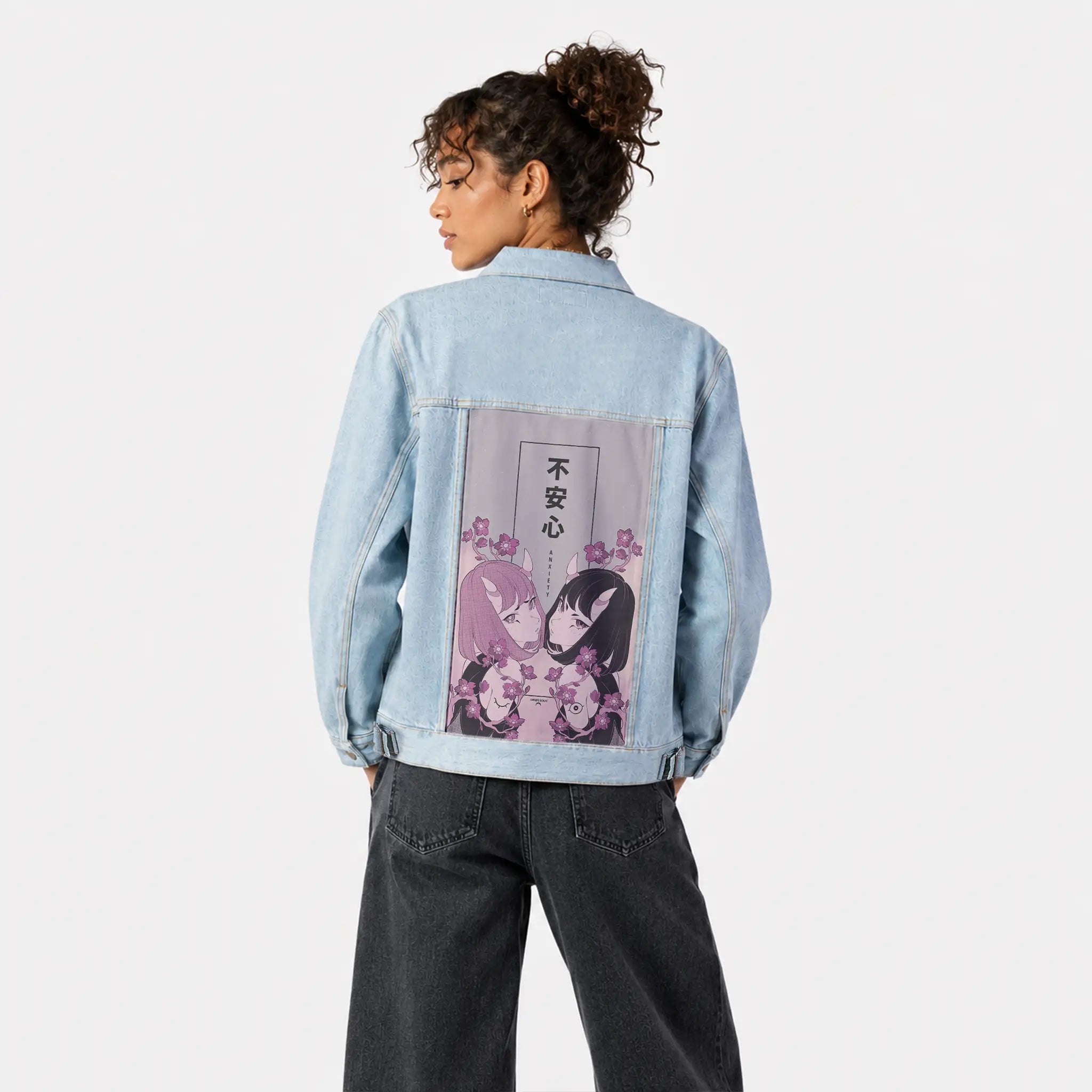 anxiety patch on female og denim jacket in oceanside