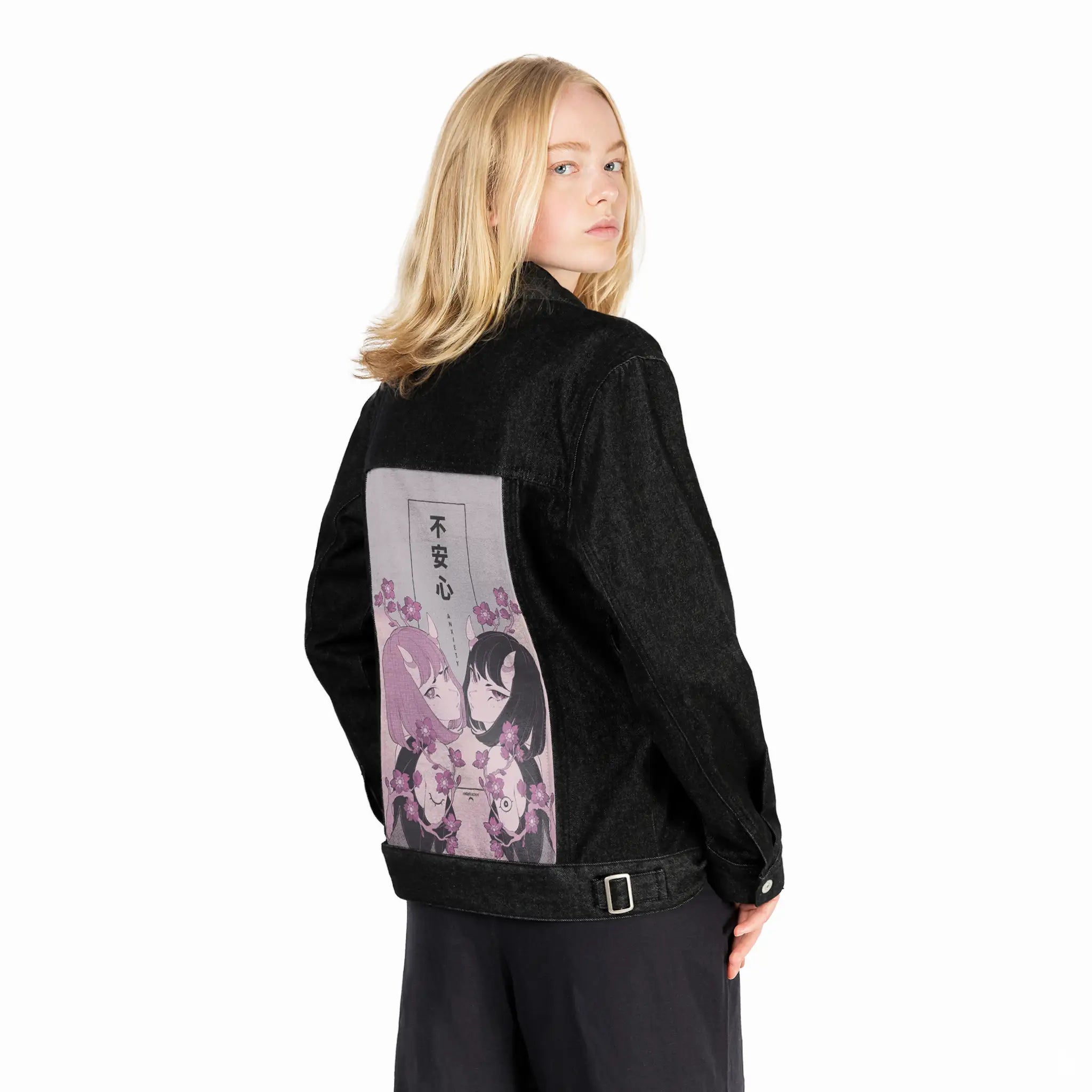 anxiety patch on female og denim jacket in raven