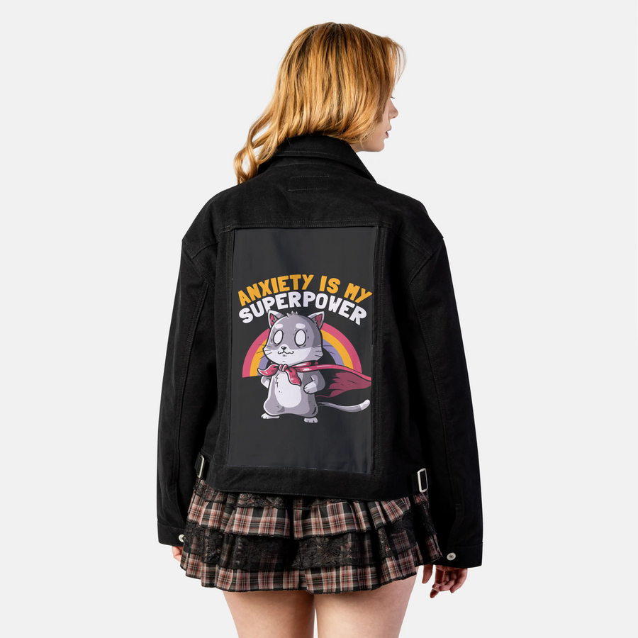 anxietysuperpower patch on female atelier canvas jacket in nightfall
