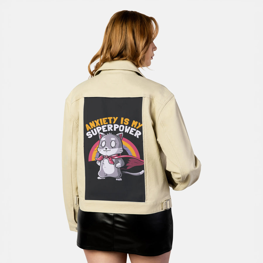 anxietysuperpower patch on female atelier canvas jacket in tan