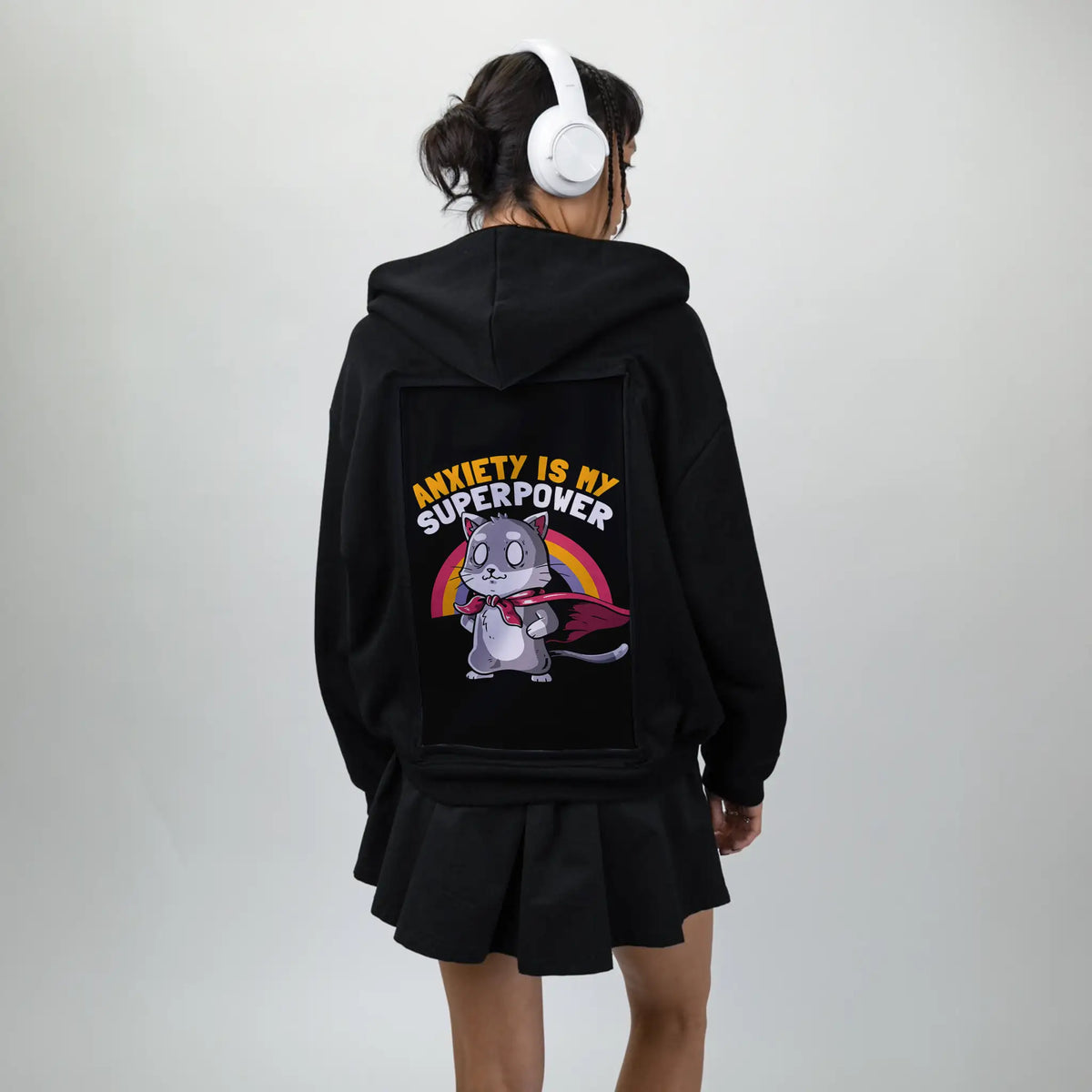 anxietysuperpower patch on female essential zip hoodie in after hours