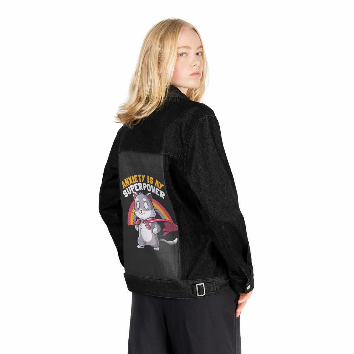 anxietysuperpower patch on female og denim jacket in raven