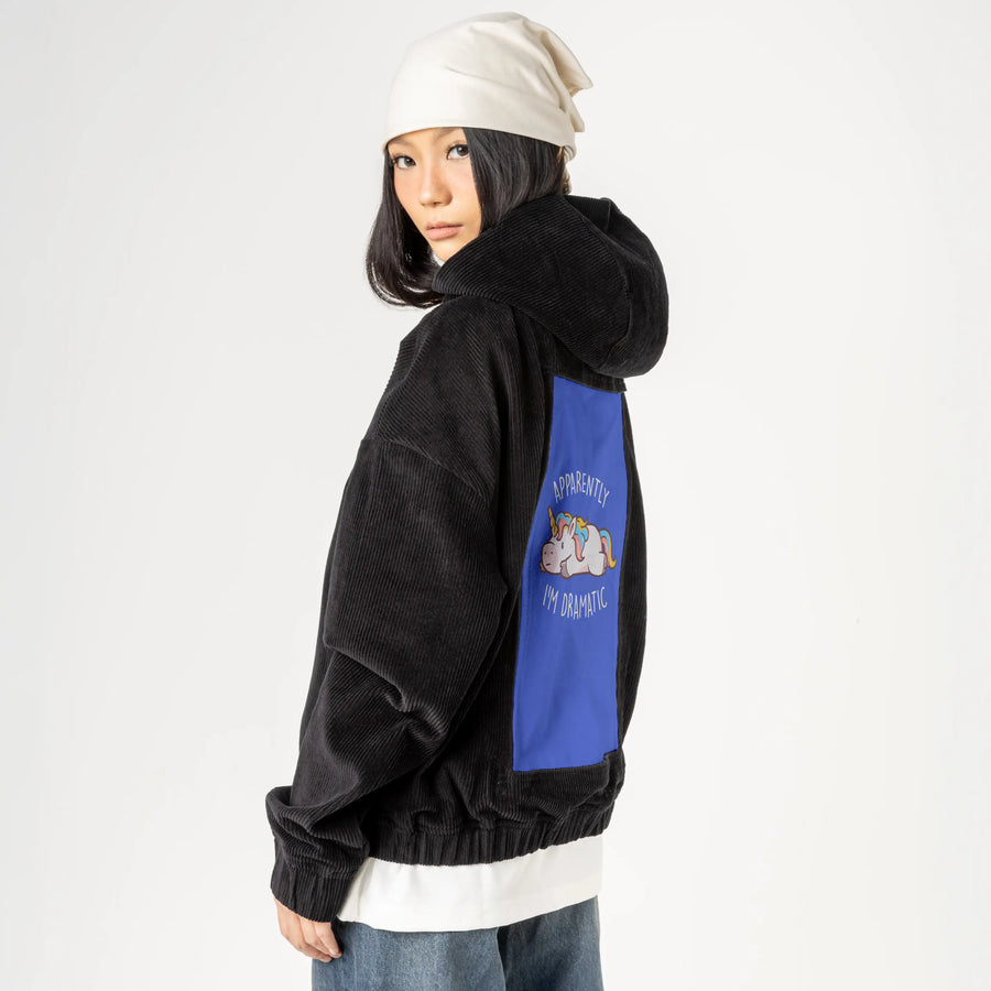 apparentlydramatic patch on female retro cord hoodie in onyx
