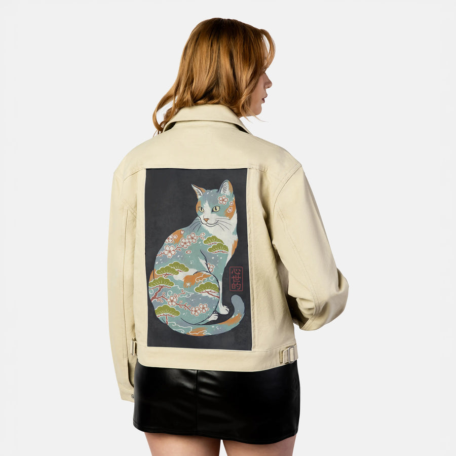 aquacat patch on female atelier canvas jacket in tan