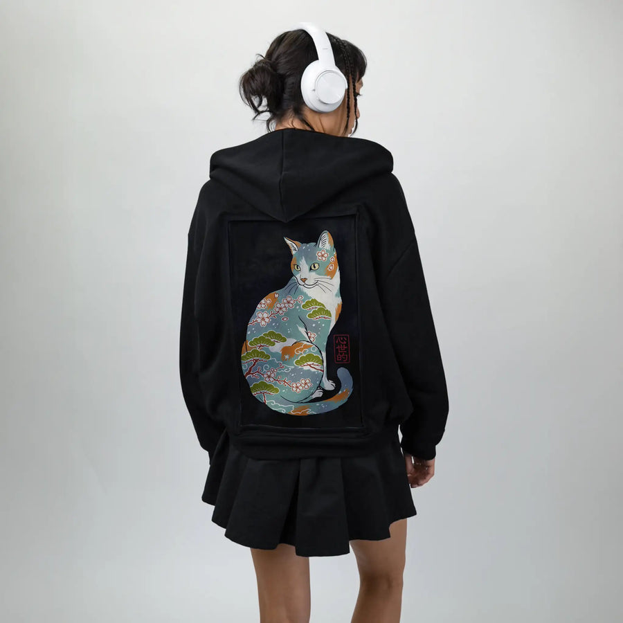 aquacat patch on female essential zip hoodie in after hours