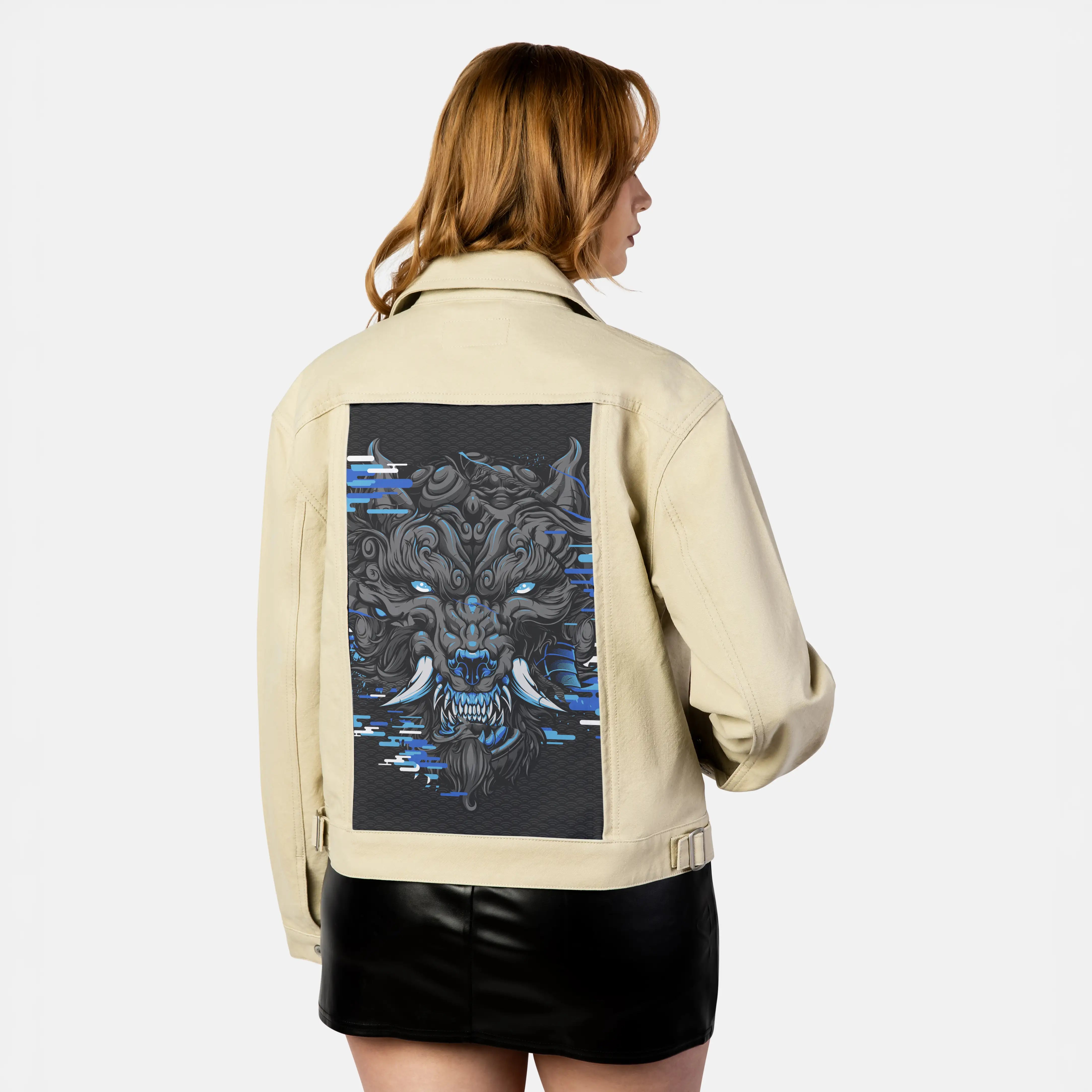 aquafuwolf patch on female atelier canvas jacket in tan