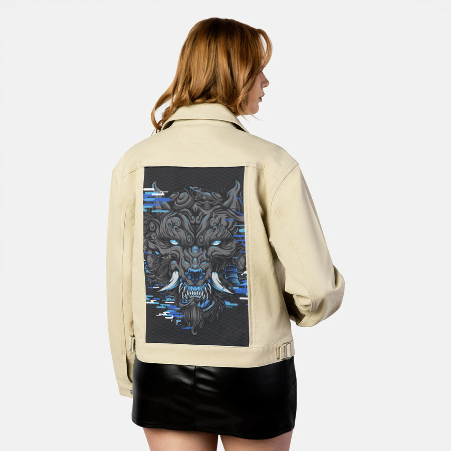 aquafuwolf patch on female atelier canvas jacket in tan