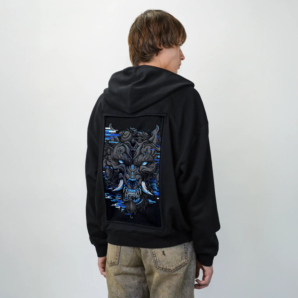 aquafuwolf patch on male essential zip hoodie in after hours