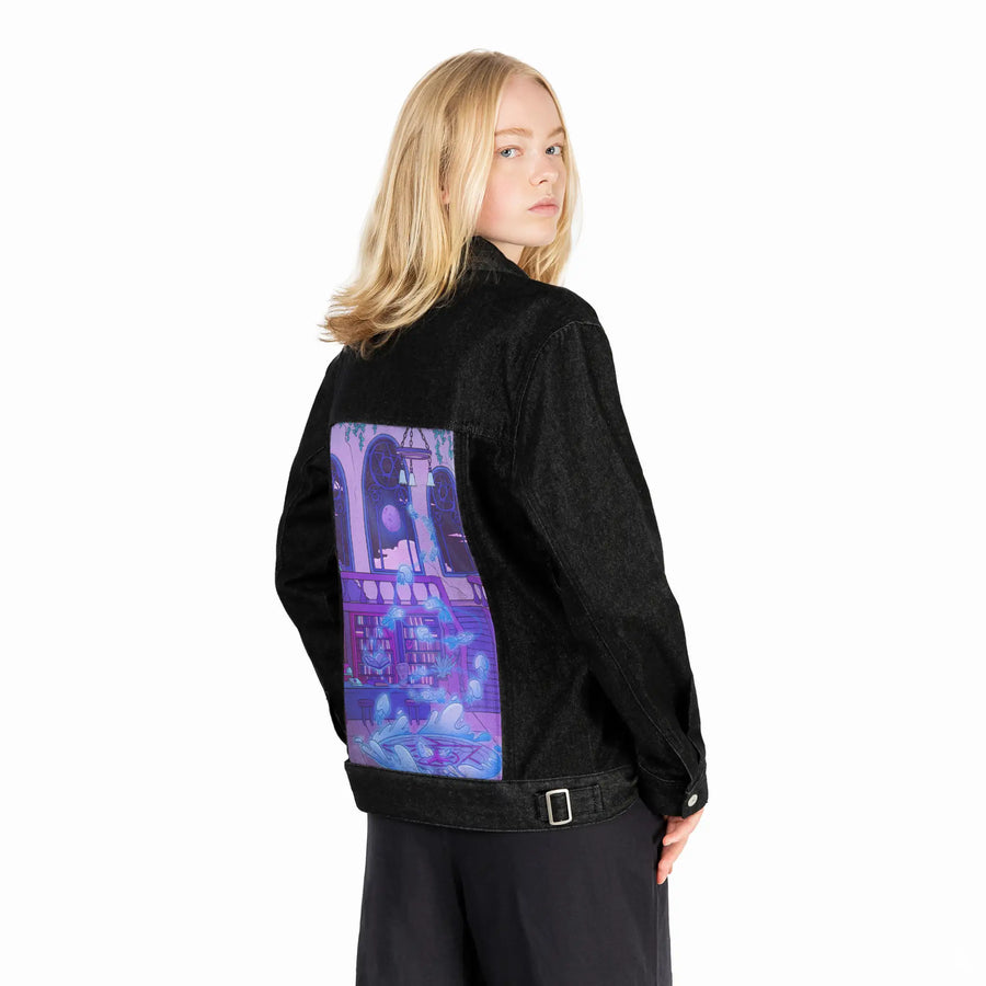 aquaticsummon patch on female og denim jacket in raven