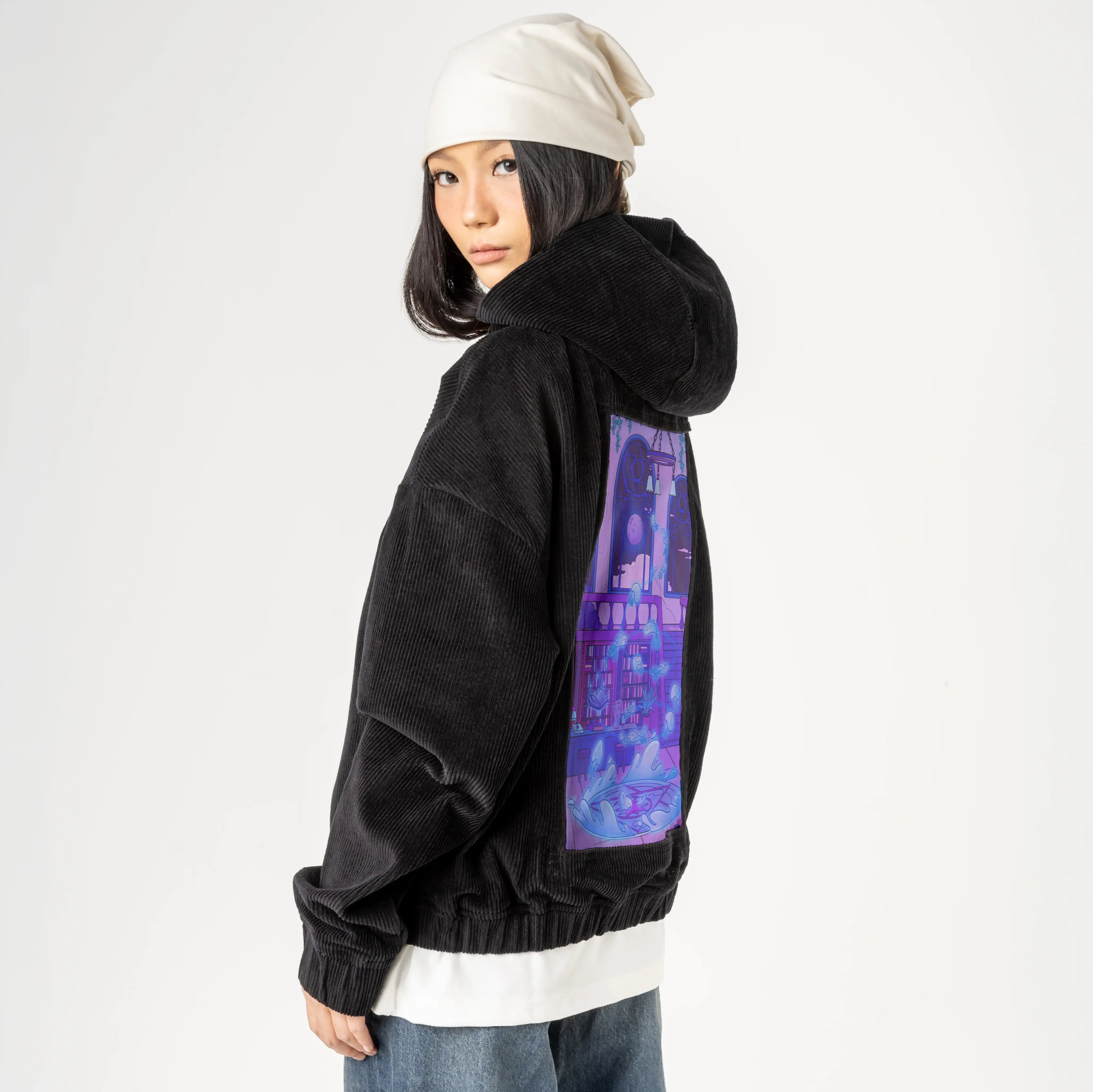 aquaticsummon patch on female retro cord hoodie in onyx