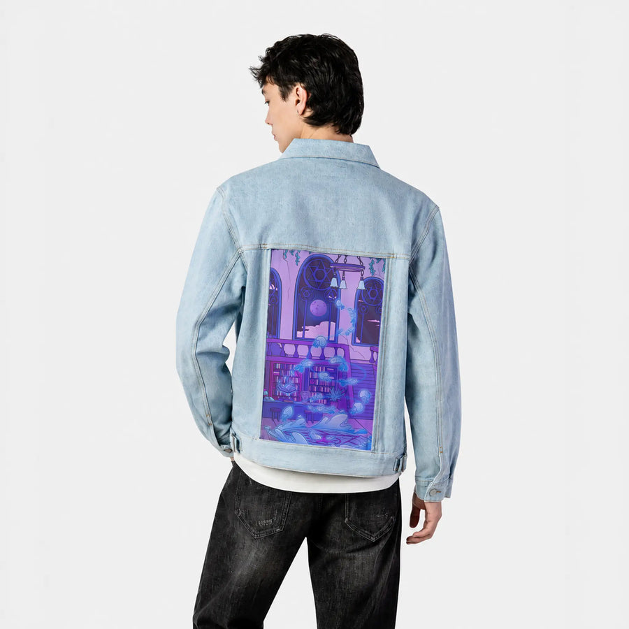 aquaticsummon patch on male og denim jacket in oceanside