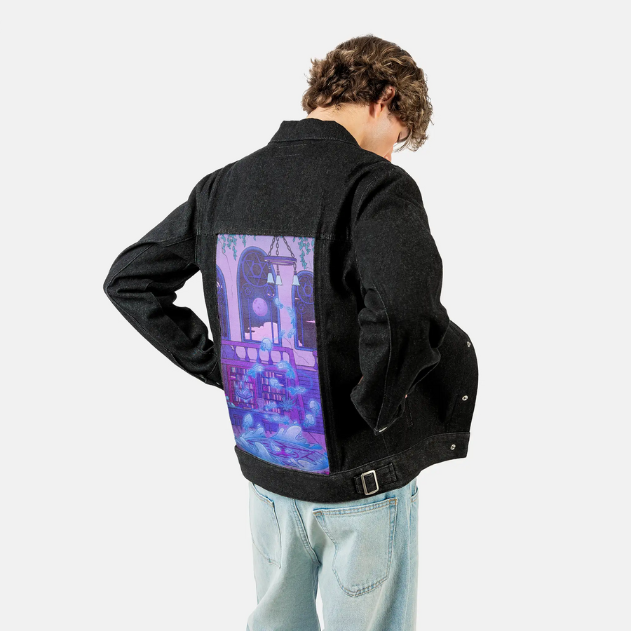 aquaticsummon patch on male og denim jacket in raven