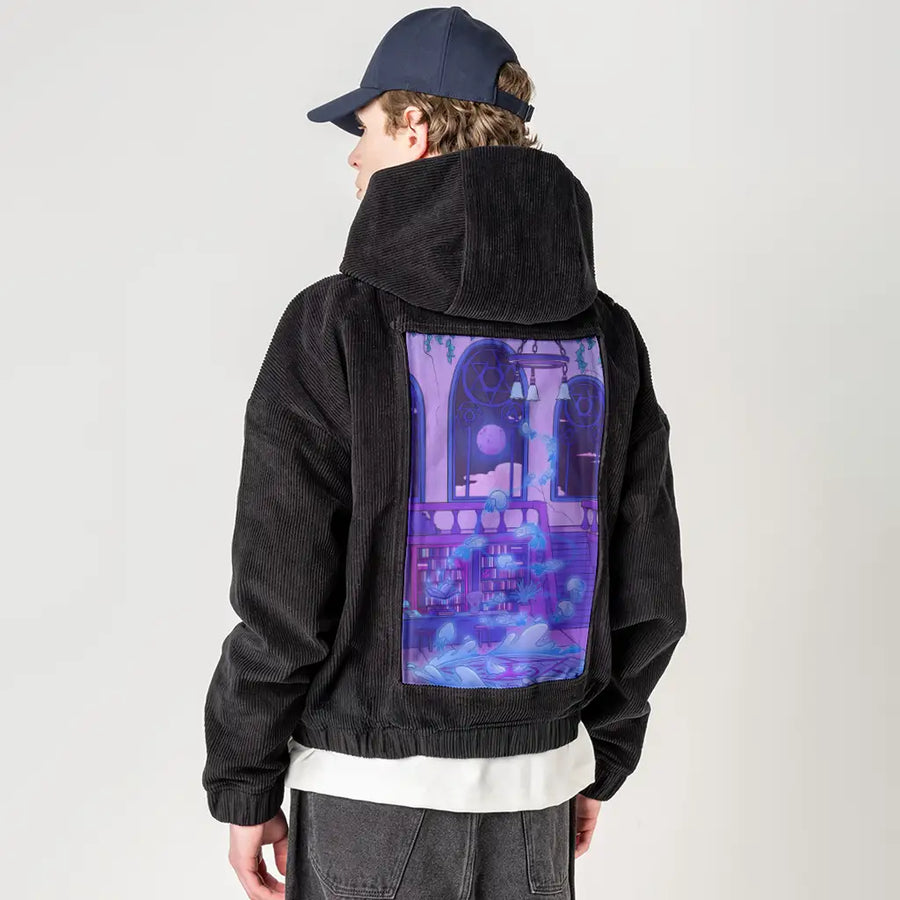aquaticsummon patch on male retro cord hoodie in onyx