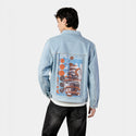armor patch on male og denim jacket in oceanside