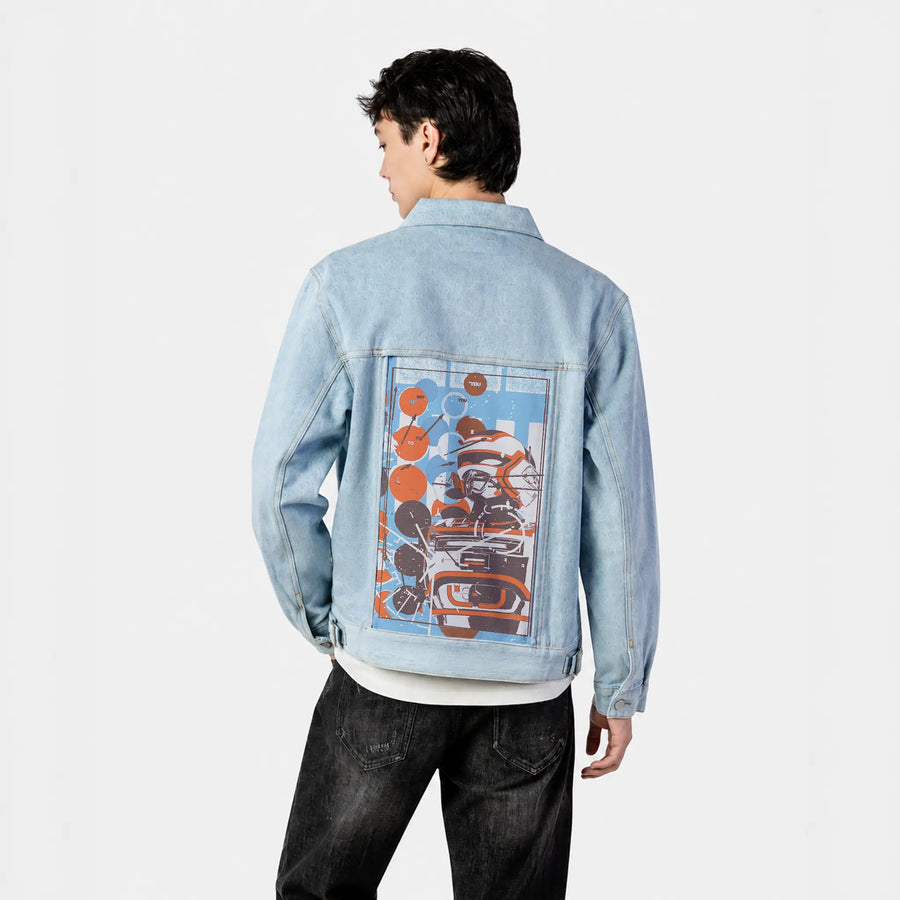 armor patch on male og denim jacket in oceanside