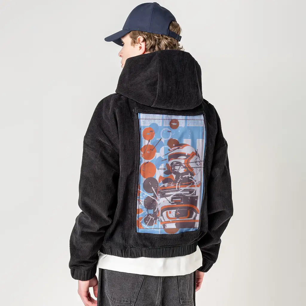 armor patch on male retro cord hoodie in onyx