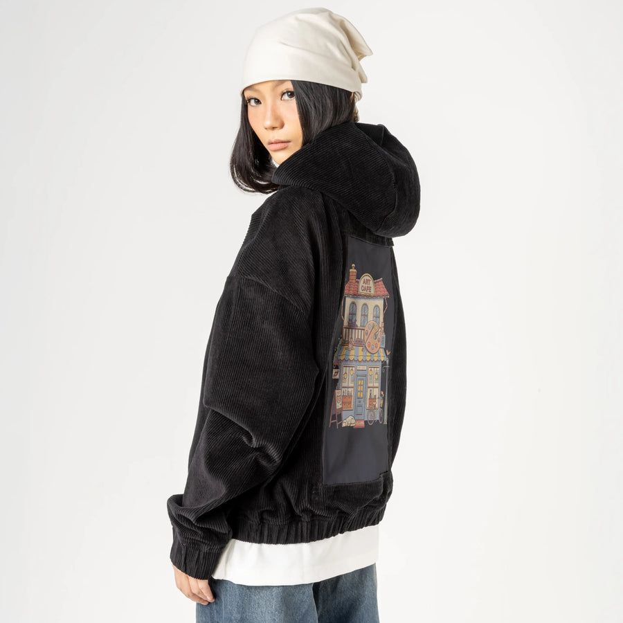 artcafejaponism patch on female retro cord hoodie in onyx