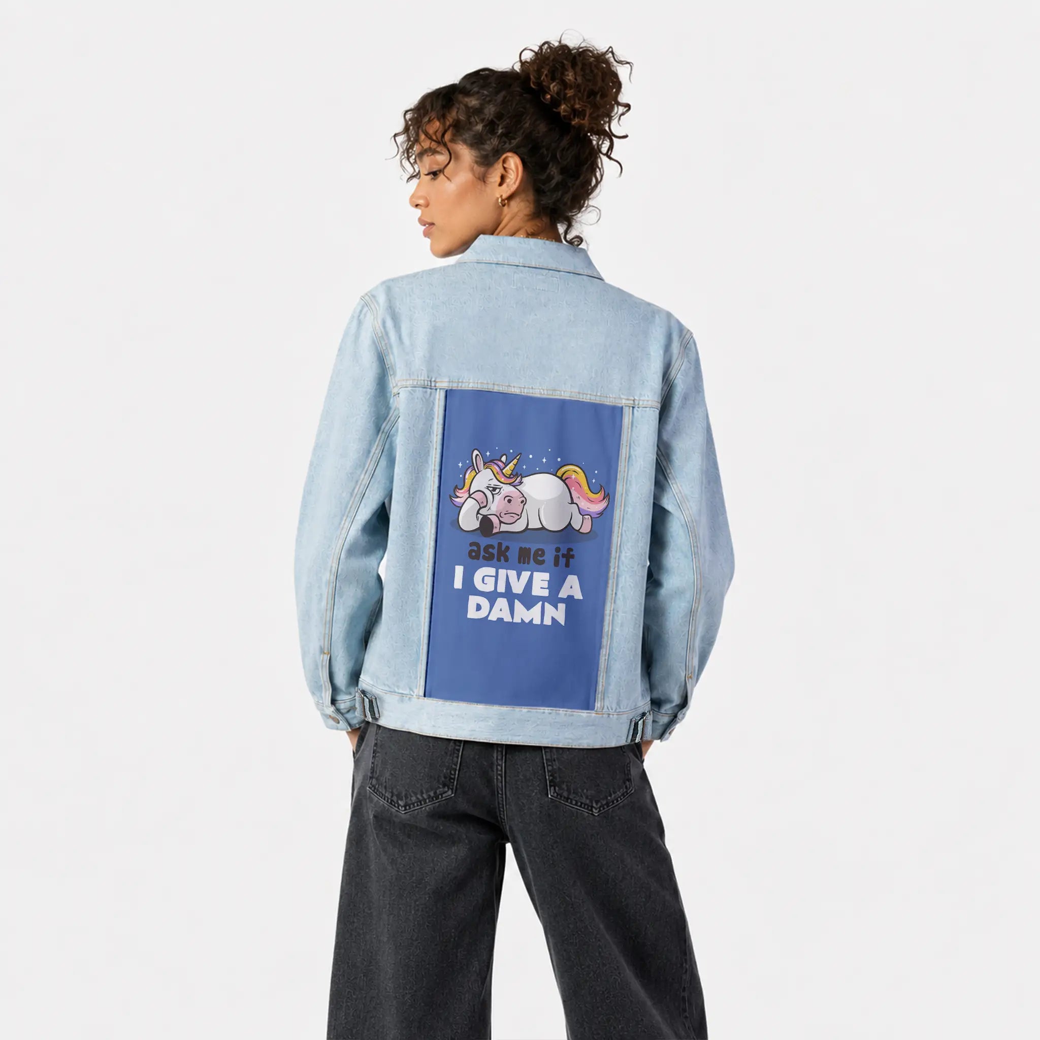 askmeifigiveadamn patch on female og denim jacket in oceanside