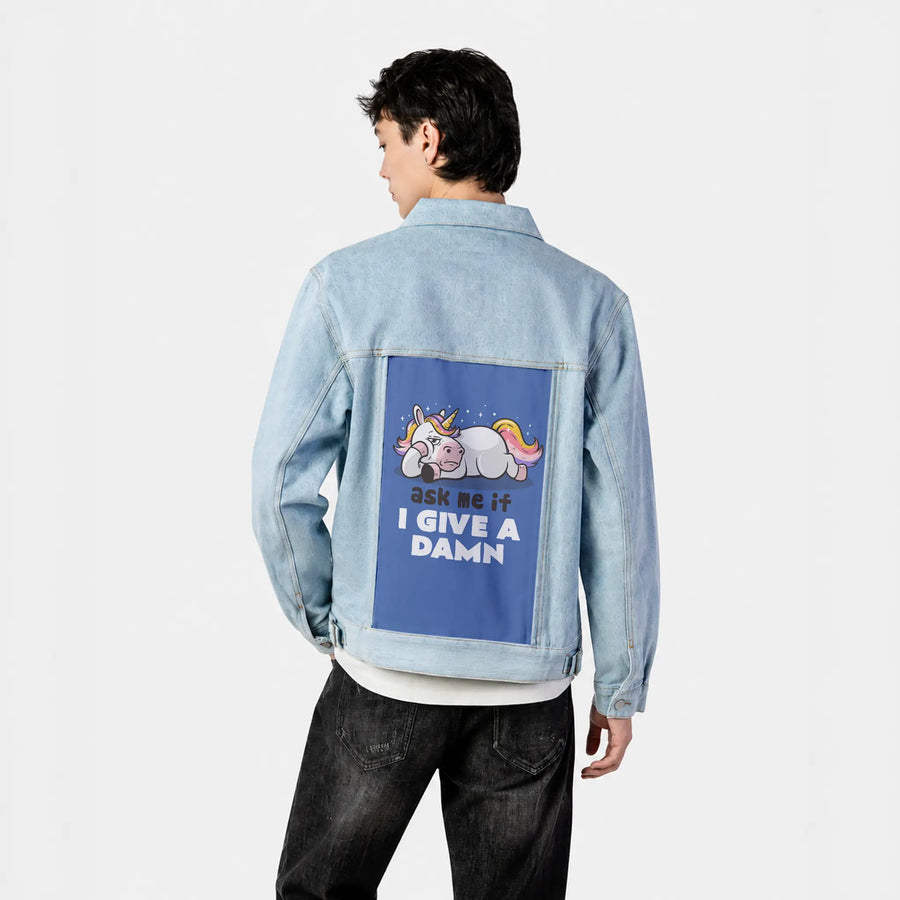 askmeifigiveadamn patch on male og denim jacket in oceanside