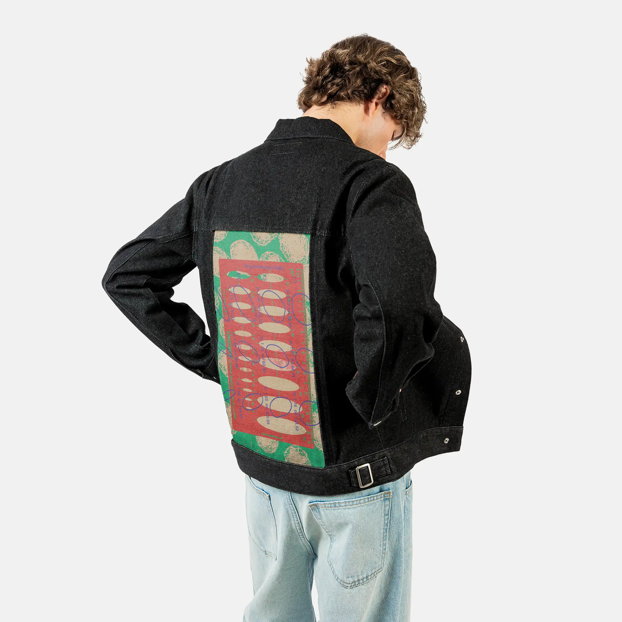aspectratio patch on male og denim jacket in raven