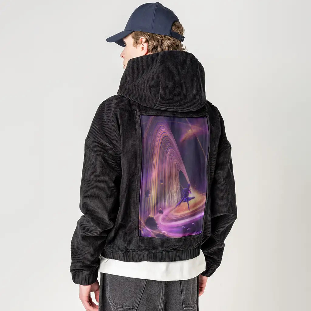 astra patch on male retro cord hoodie in onyx