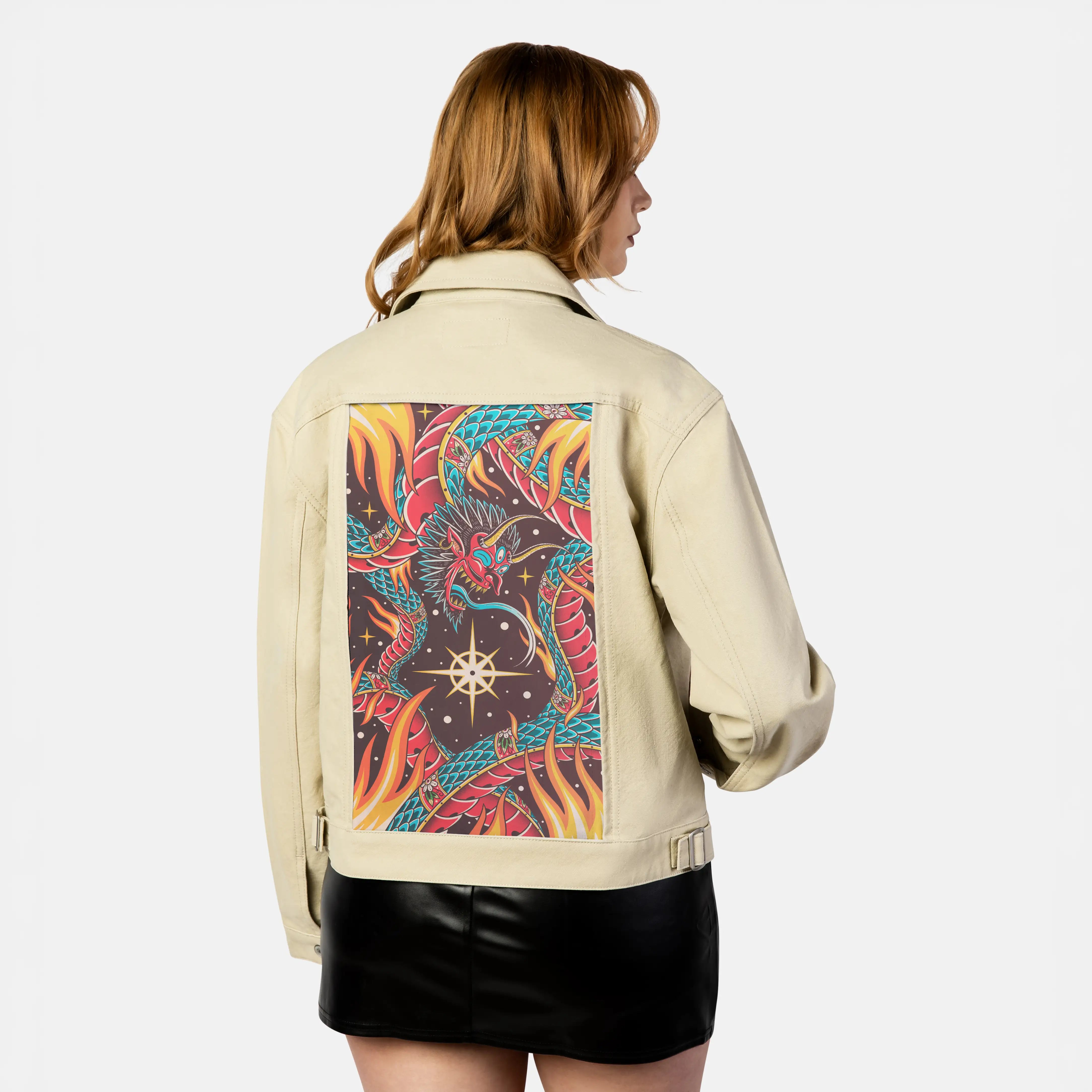 astraldemonsnake patch on female atelier canvas jacket in tan