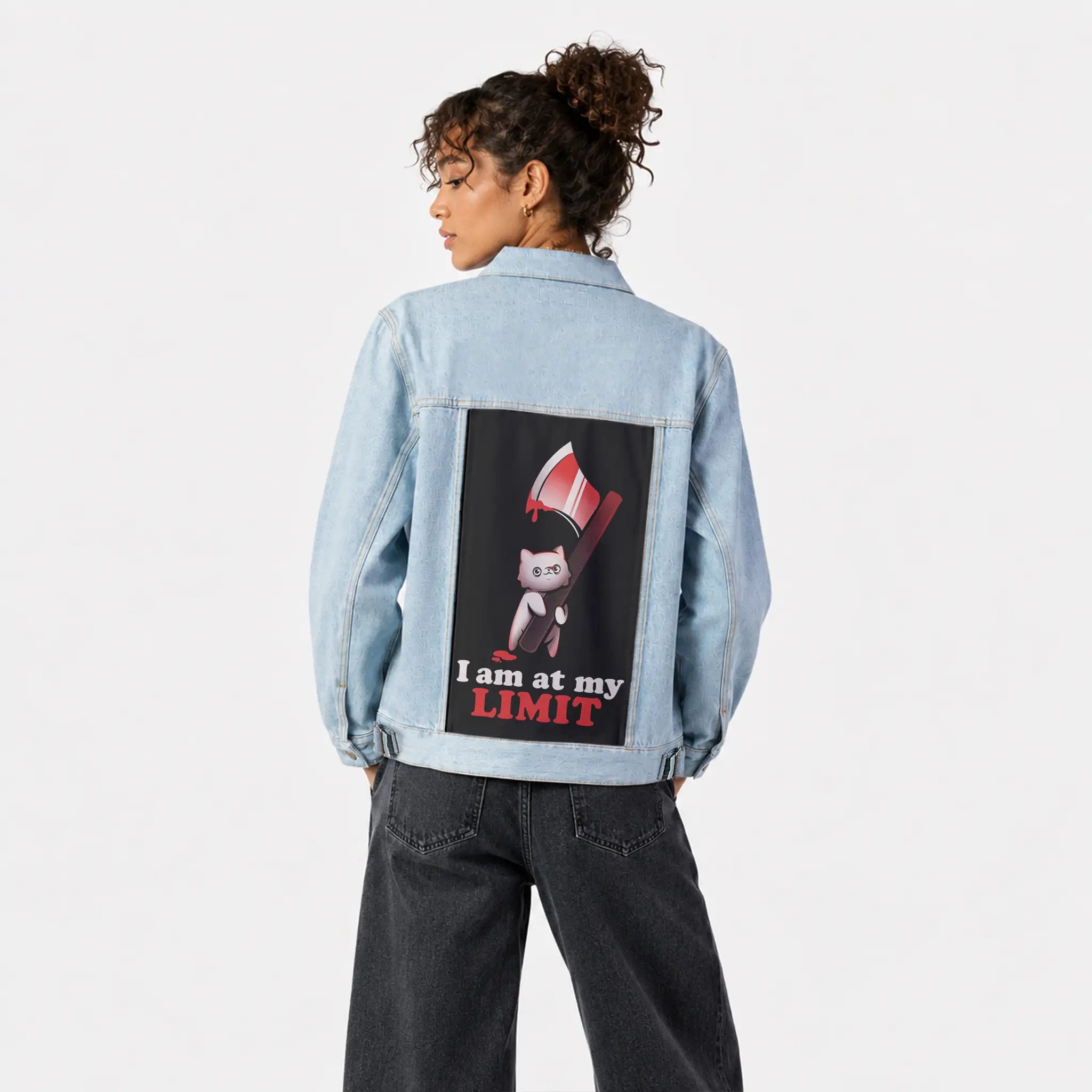 atmylimit patch on female og denim jacket in oceanside