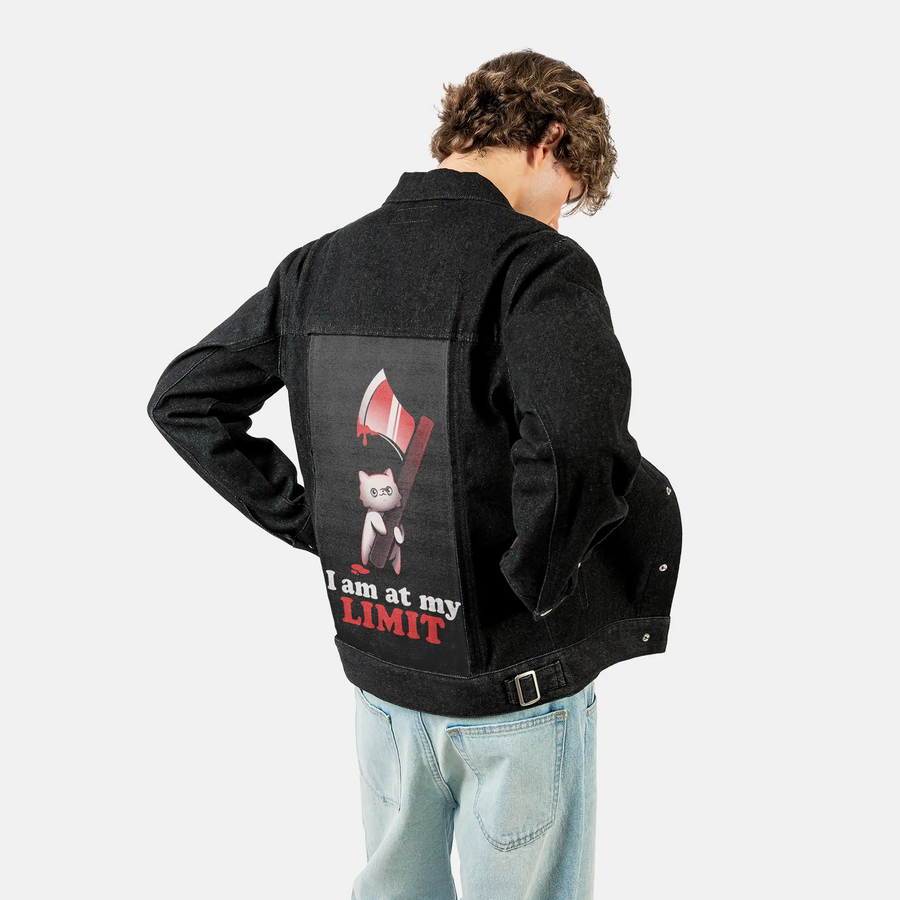 atmylimit patch on male og denim jacket in raven