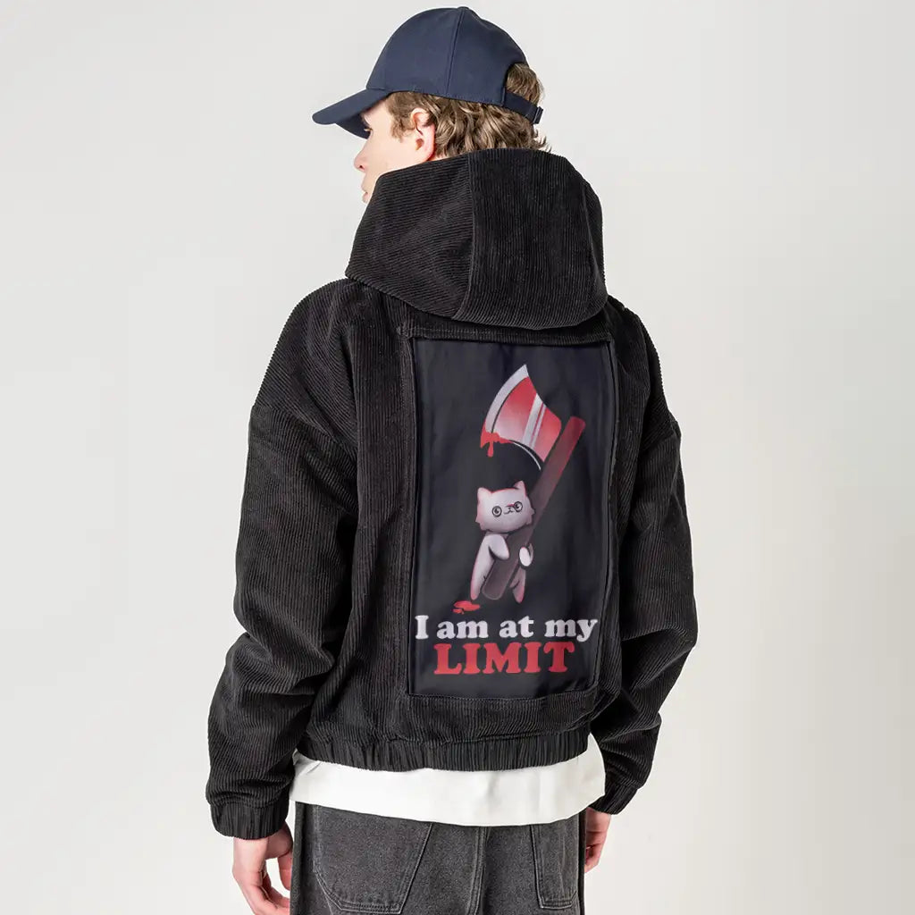 atmylimit patch on male retro cord hoodie in onyx