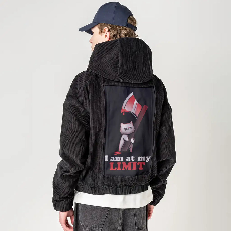 atmylimit patch on male retro cord hoodie in onyx