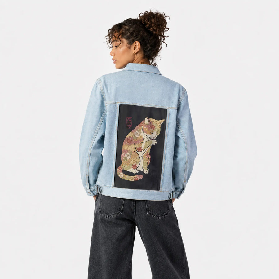 autumncat patch on female og denim jacket in oceanside